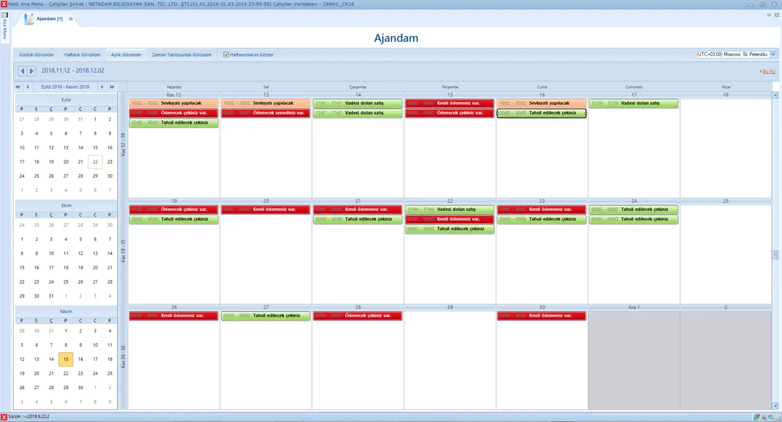 ERP Programı Şirket Ajandası ve Takvim Görünümü