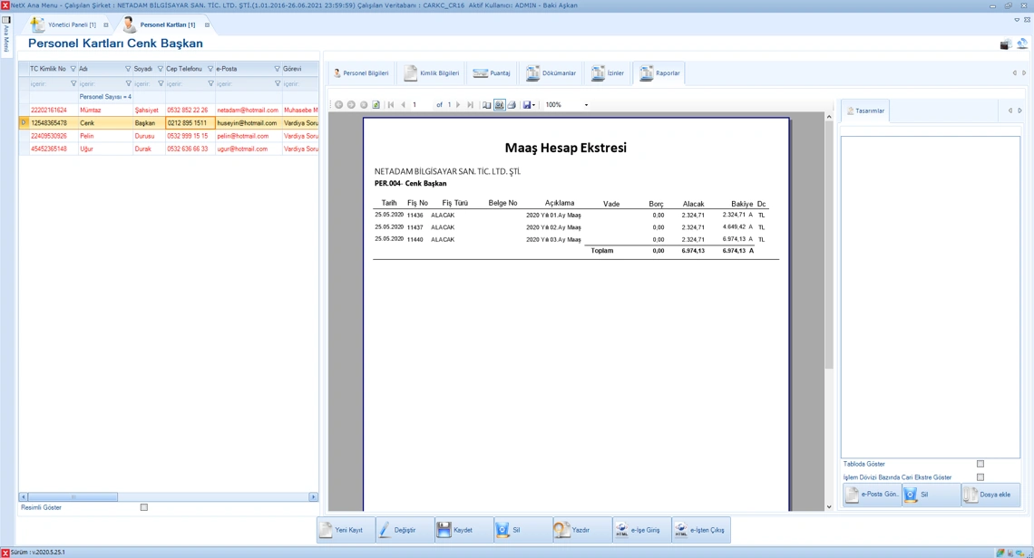 Personel maaş ekstresi örneği – brüt maaş, SGK kesintileri, gelir vergisi ve net ücret detaylı bordro raporu