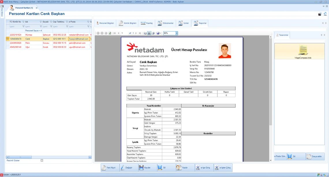 Ücret hesap pusulası örneği – Net-X ERP personel maaş bordrosu ve kesinti detayları