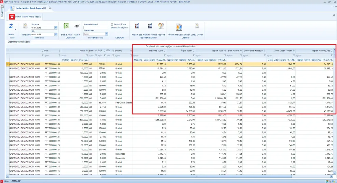 ERP üretim takip programında maliyet analizi, işçilik ve gider hesaplama ekranı