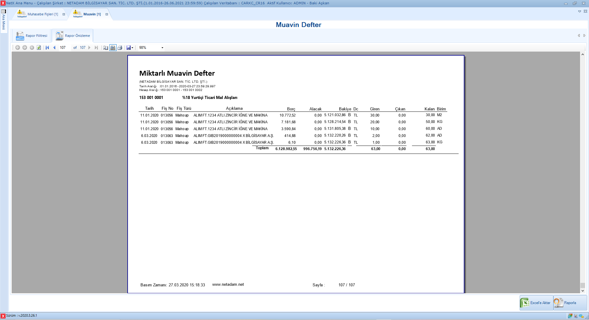 Miktarlı Muavin Raporu Örneği