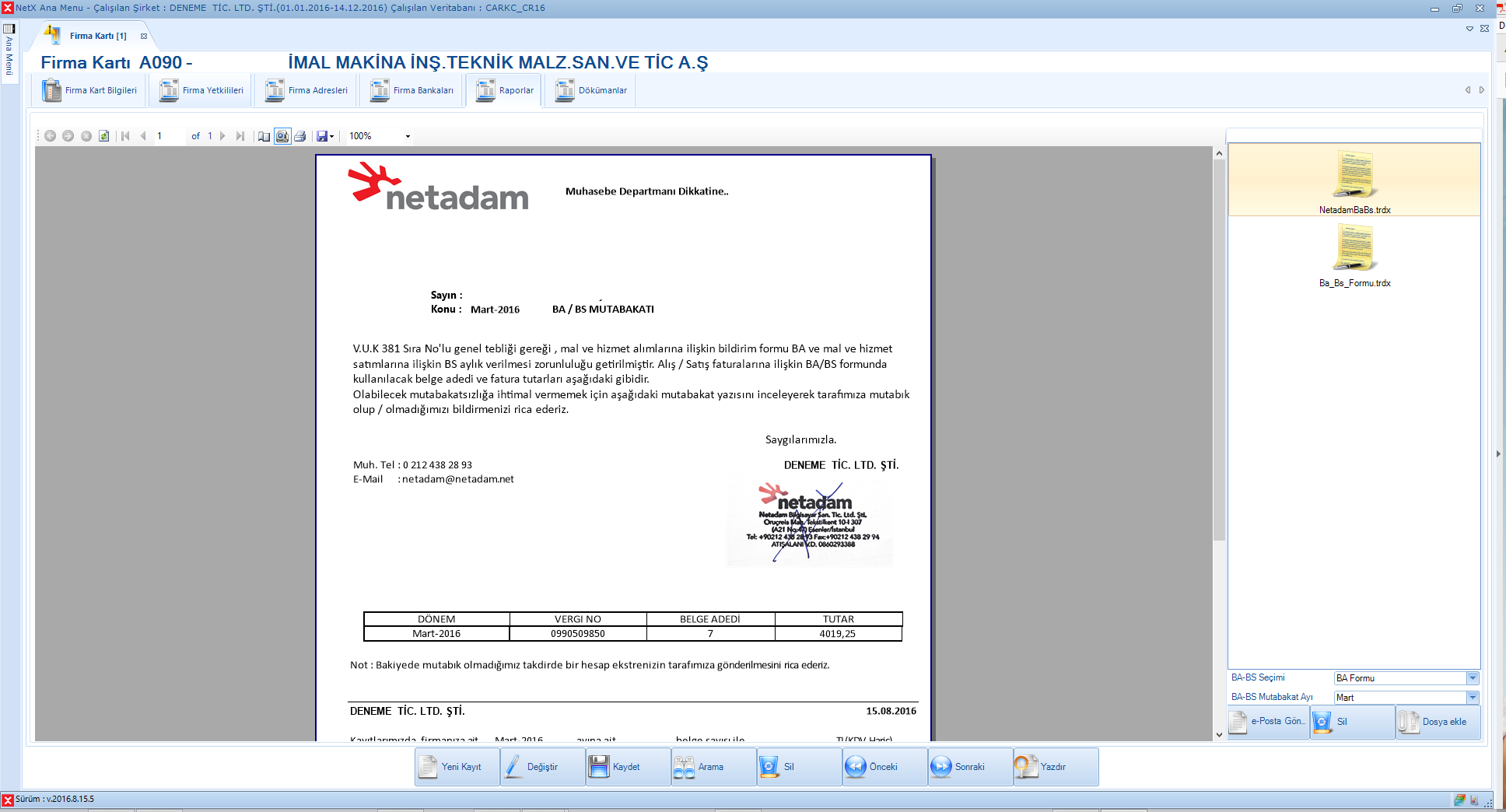 Cari BA-BS Formu Örneği