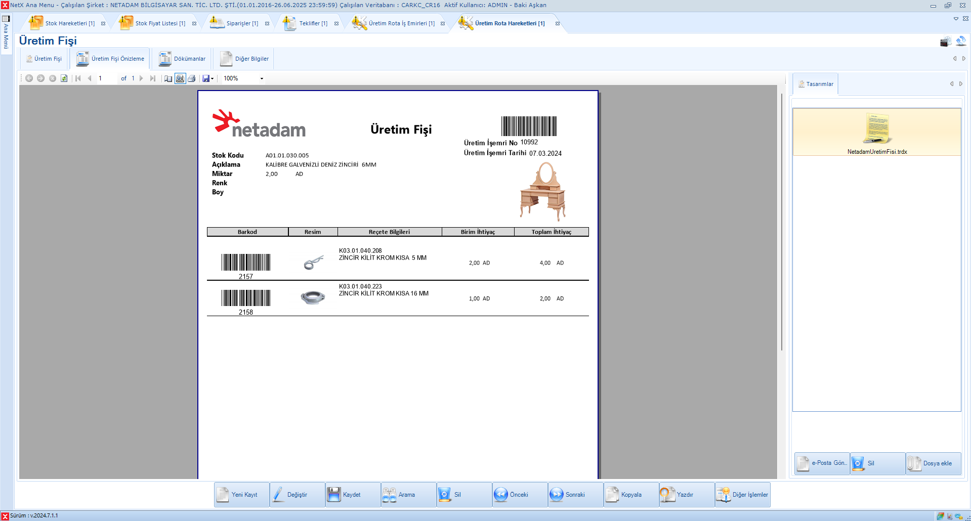 Barkodlu Üretim Fişi Örneği