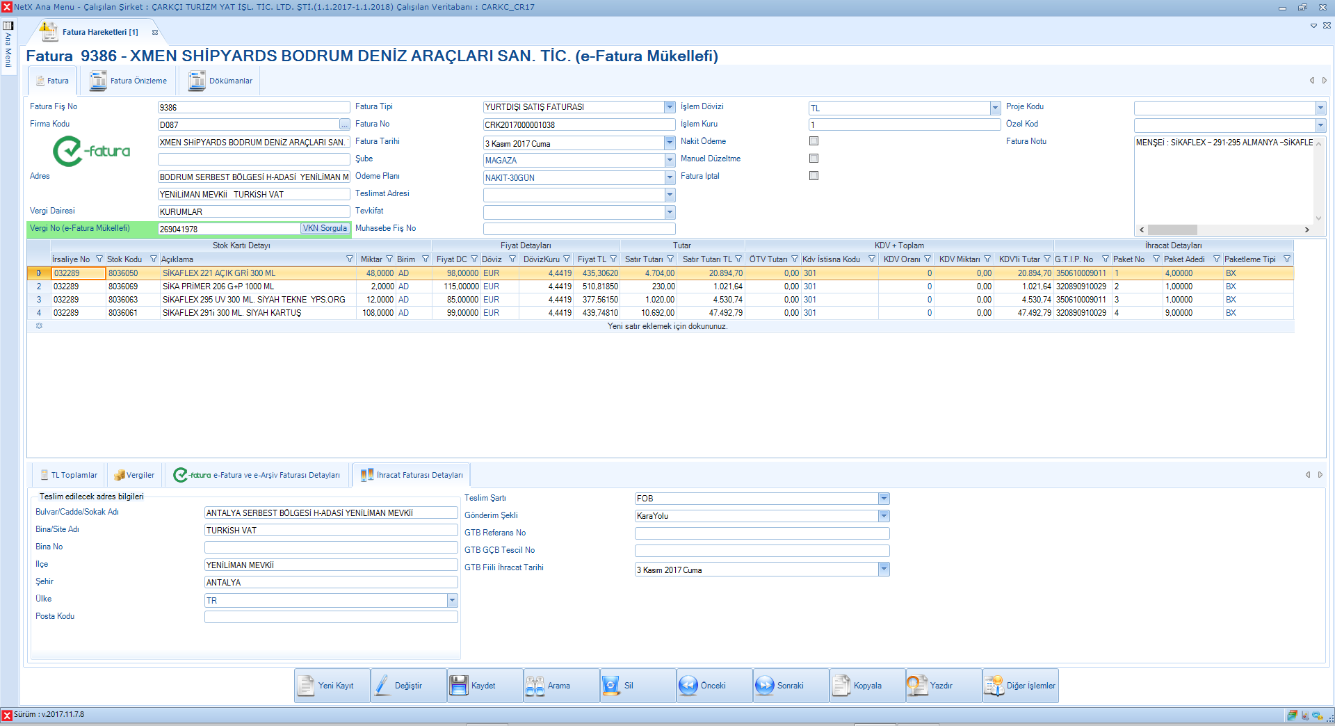 İhracat Faturası Giriş Ekranı