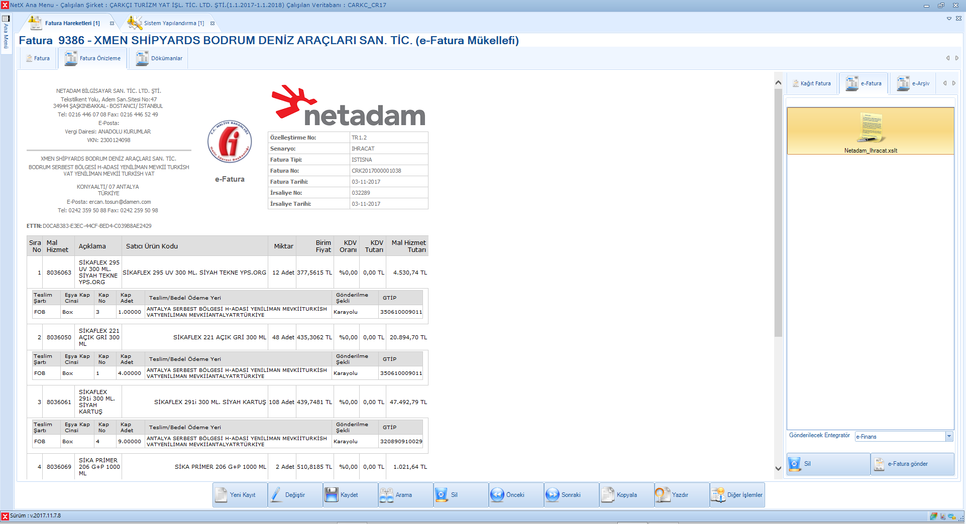 e-İhracat Faturası Örneği