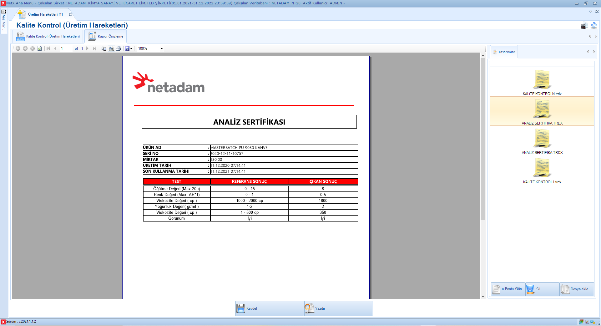 Kalite Kontrol Analiz Sertifikası Örneği