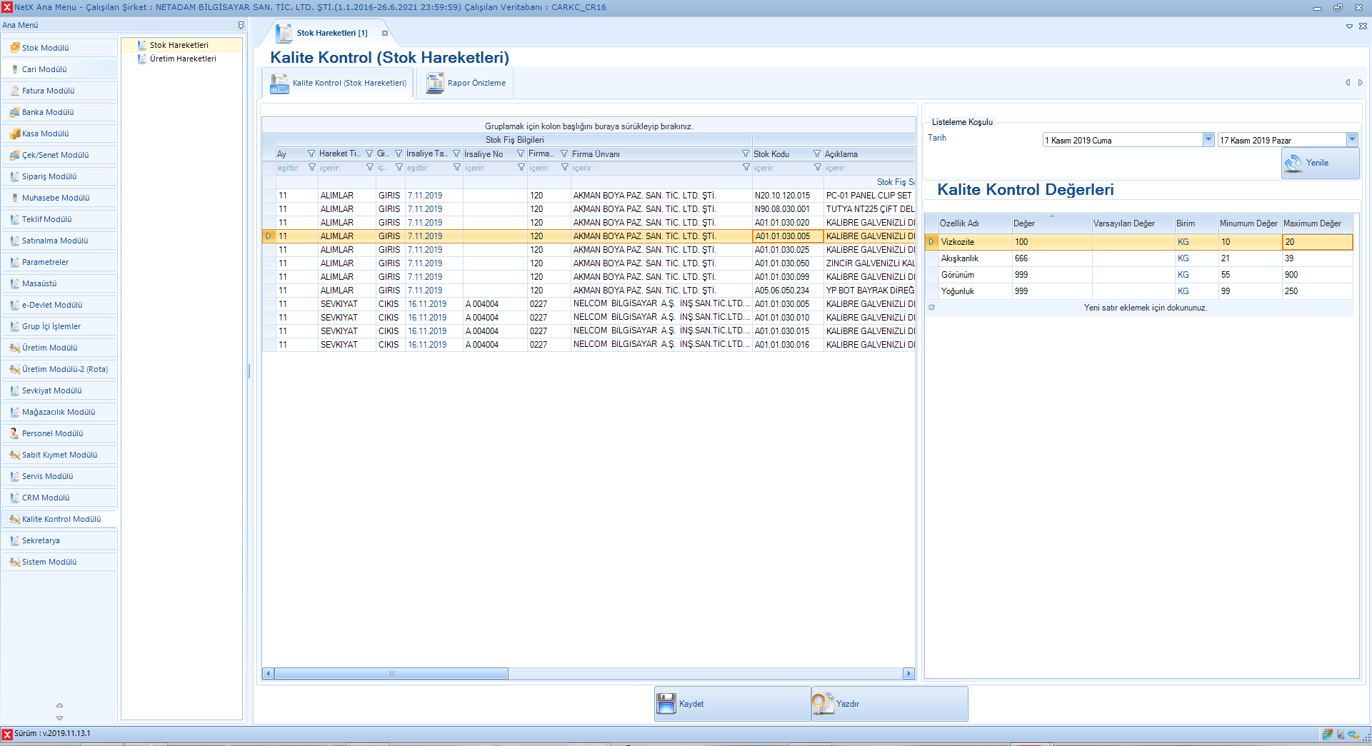 Hammadde Girişi İçin Kalite Kontrol Ekranı