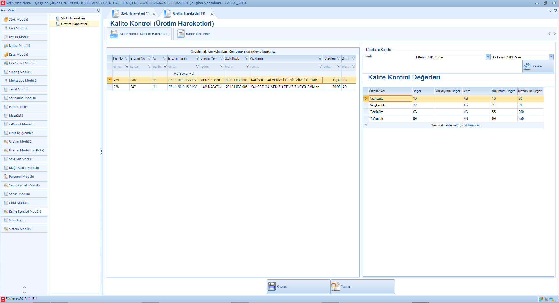 Üretim Hareketleri İçin Kalite Kontrol Girişi