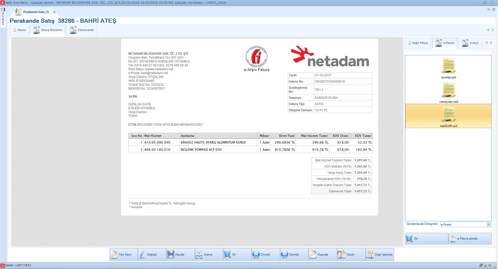 Perakende Satış Ekranından e-Arşiv Fatura Gönderebilirsiniz.
