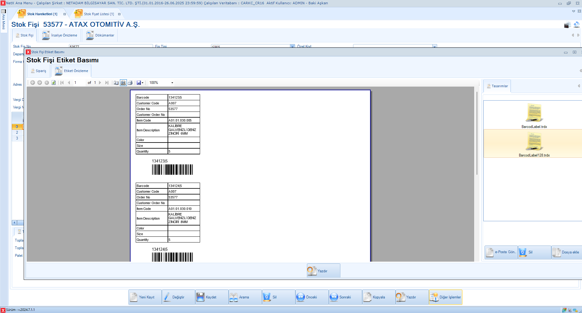 Stok Girişi Ürün yada Hammadde için Barkod Etiketi Basımı
