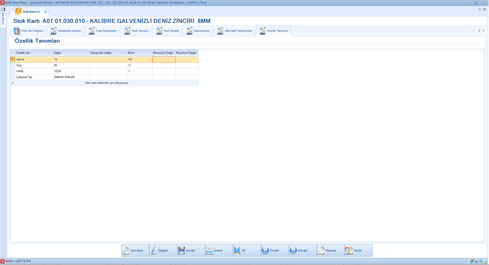 Stok Kartı Özellik Detayı