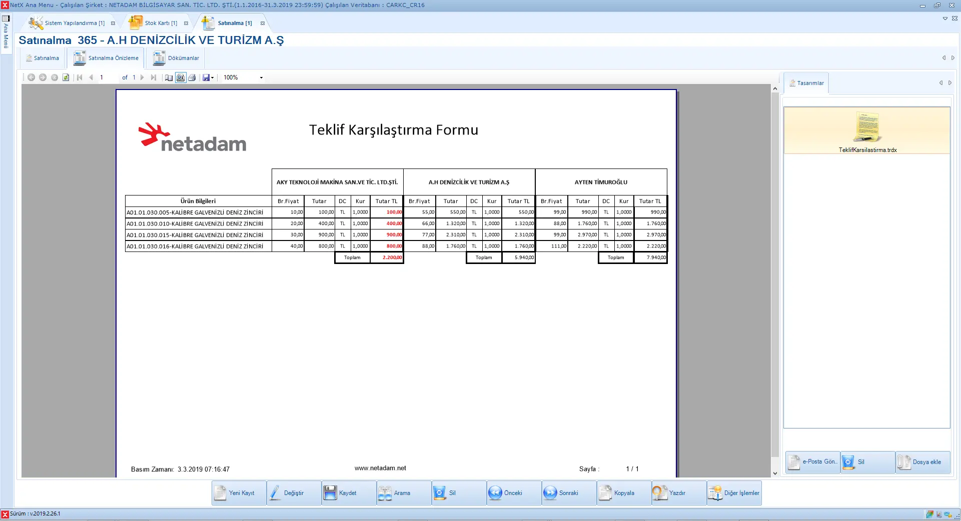 Alınan Teklif Karşılaştırma Raporu