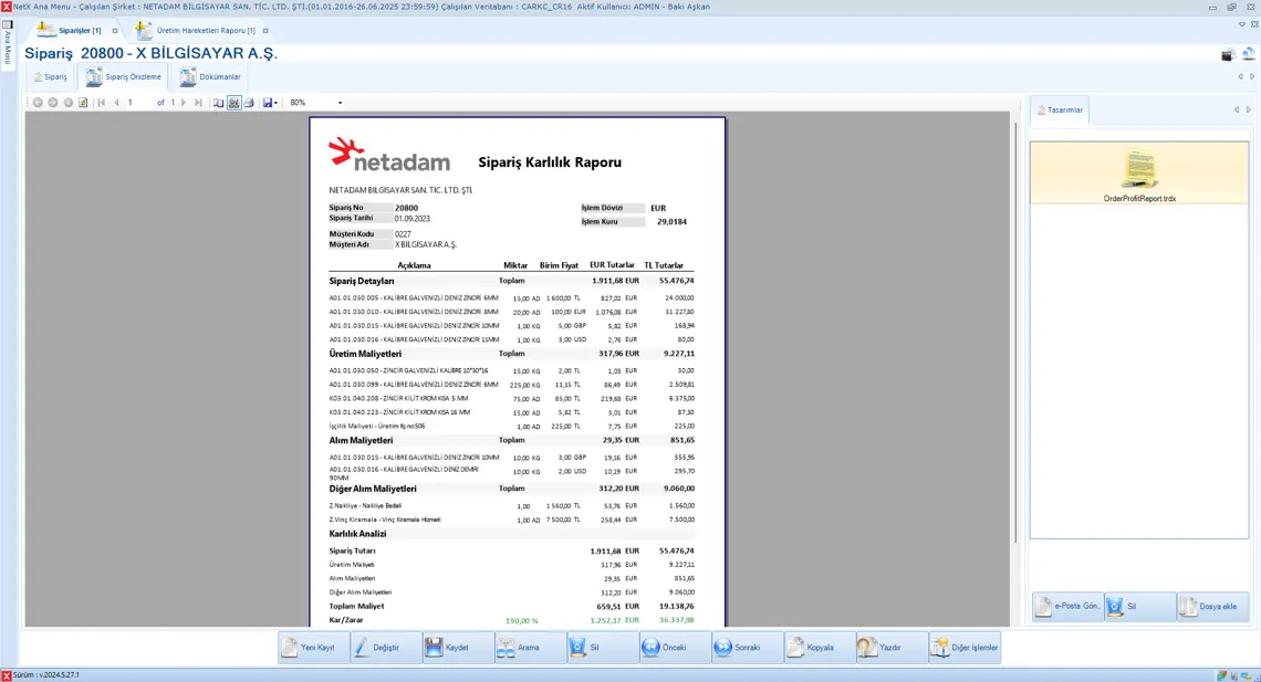 Sipariş Karlılık Raporu
