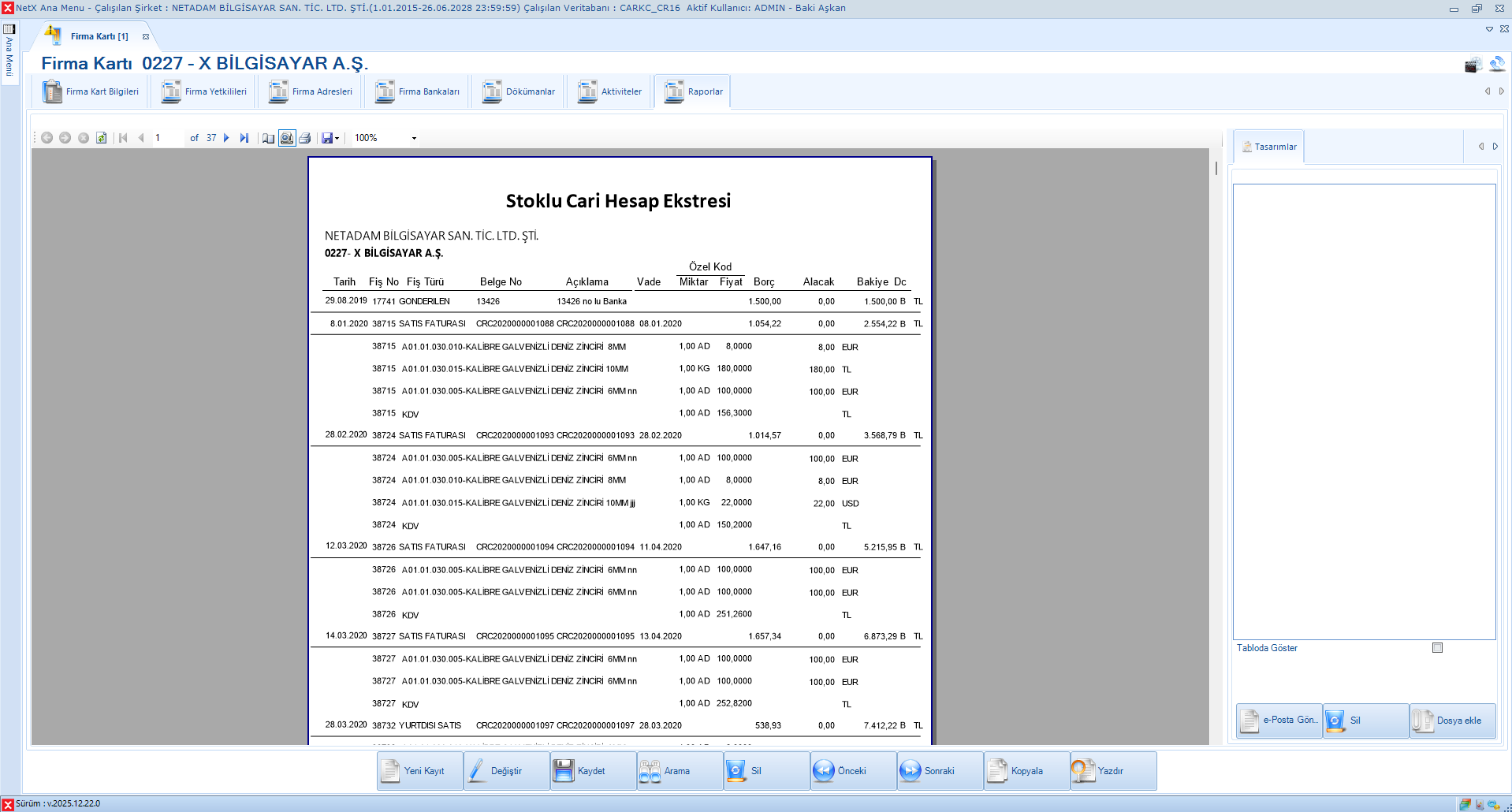Stoklu Cari Hesap Ekstresi