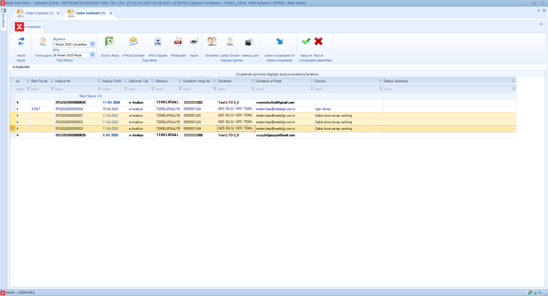 Gelen İrsaliye Cevap Verme