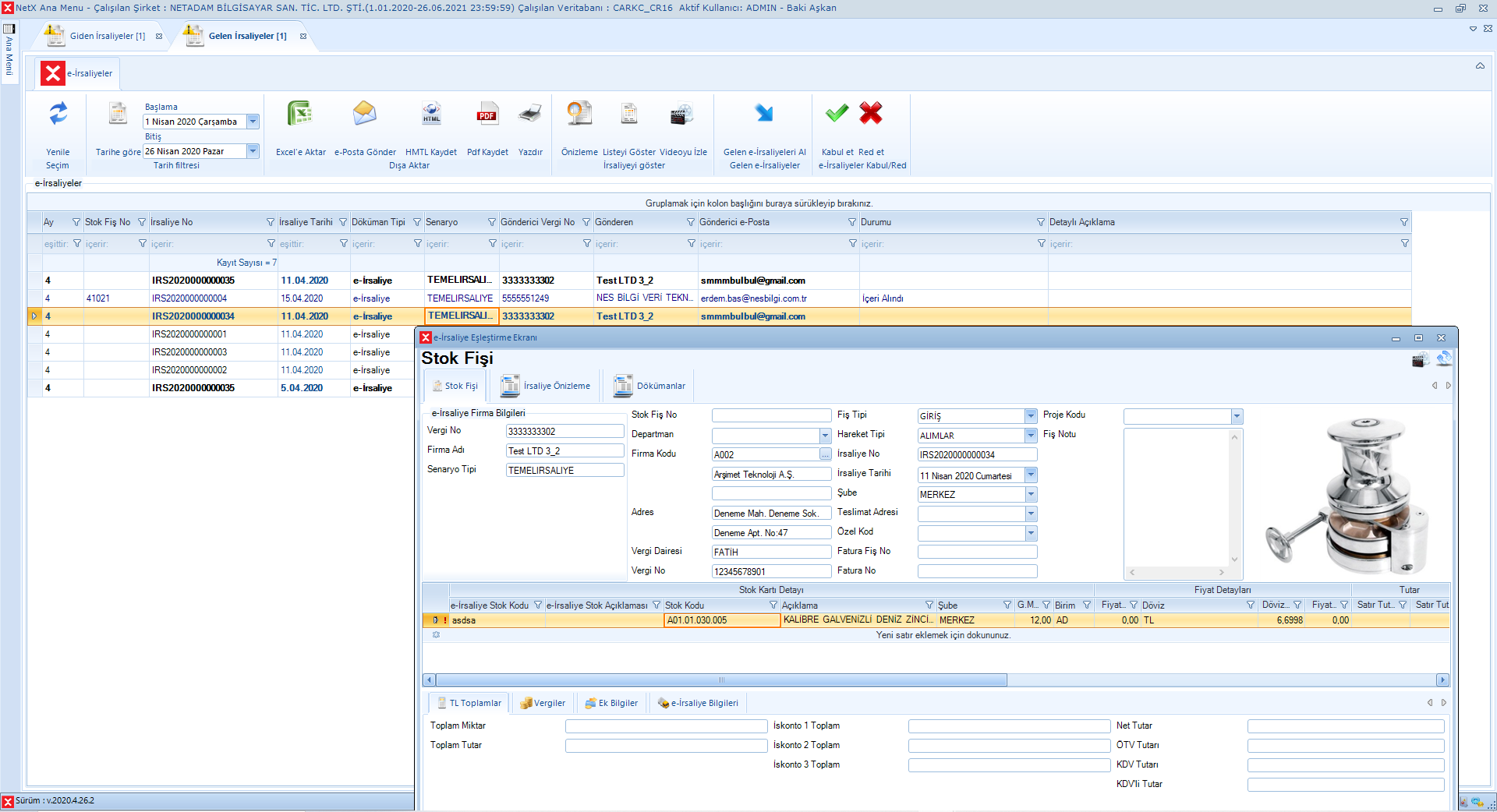 Gelen İrsaliye İçeri Alma Ekranı