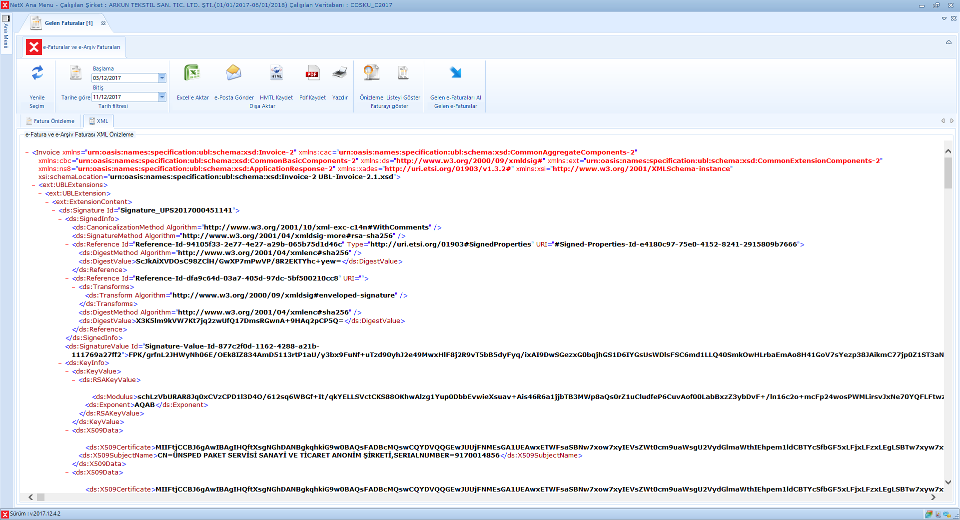 Gelen e-Fatura UBL-XML olarak Önizleme