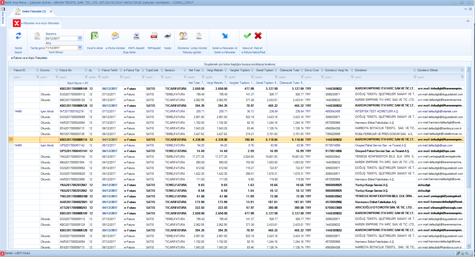 Gelen e-Faturalar Listesi