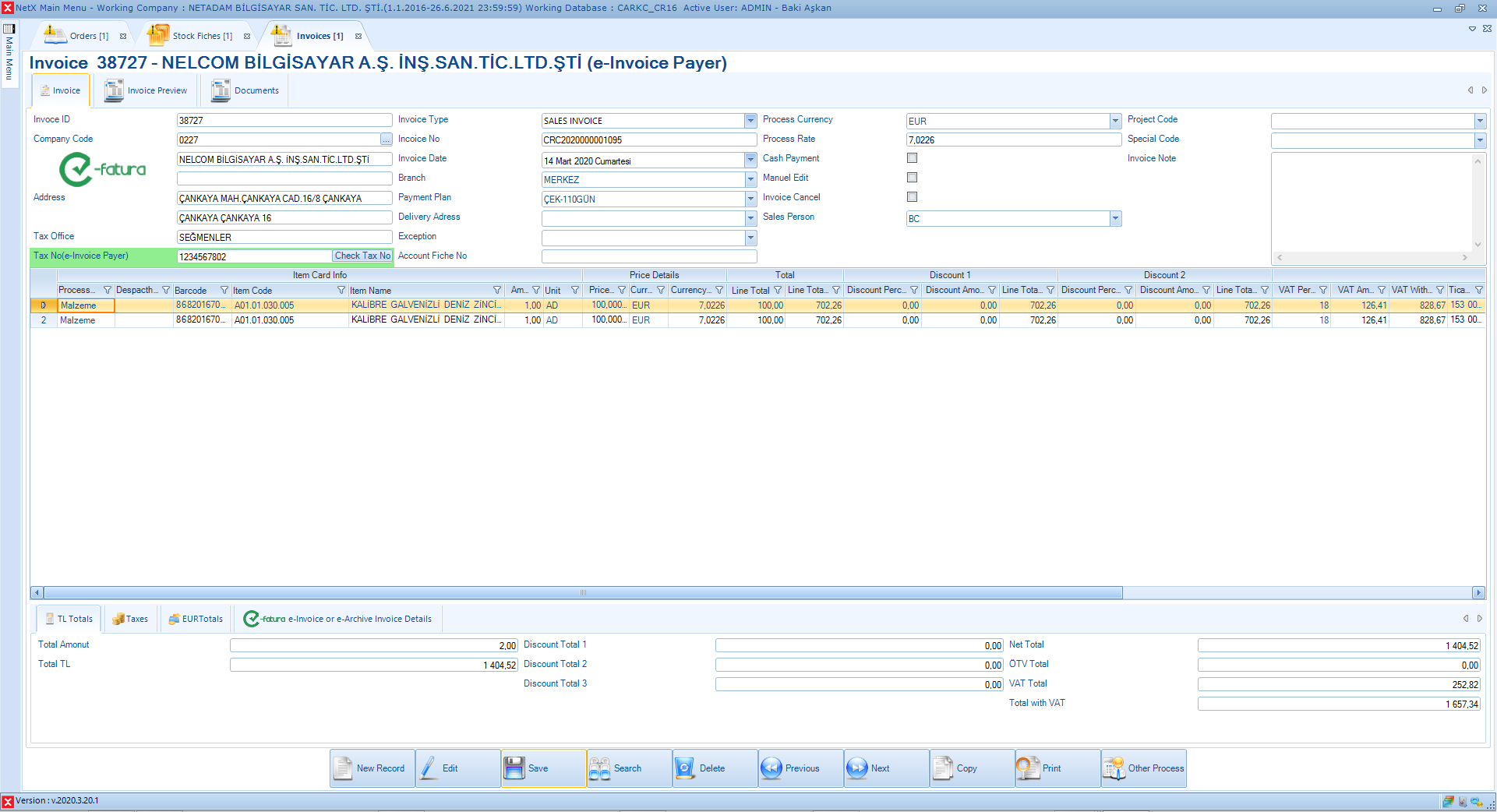 İngilizce Fatura Giriş Ekranı