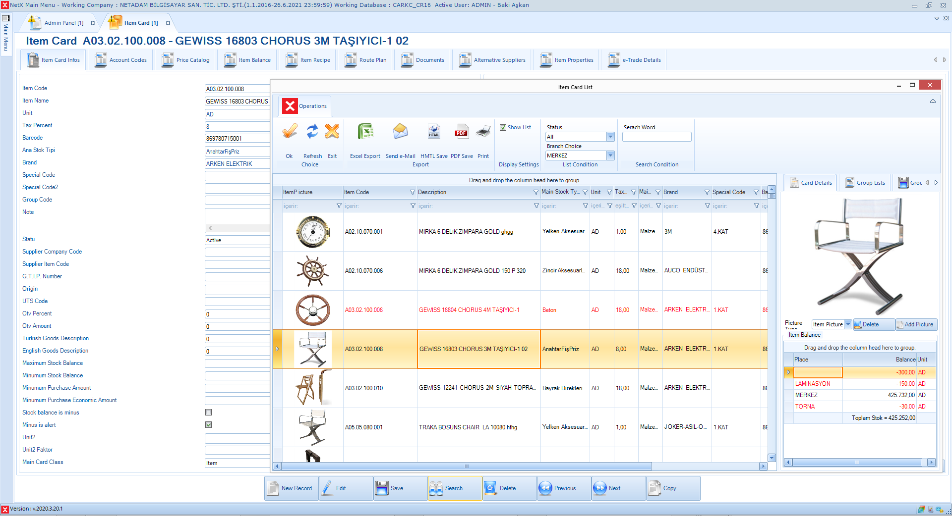 İngilizce Stok Kartı Görünümü