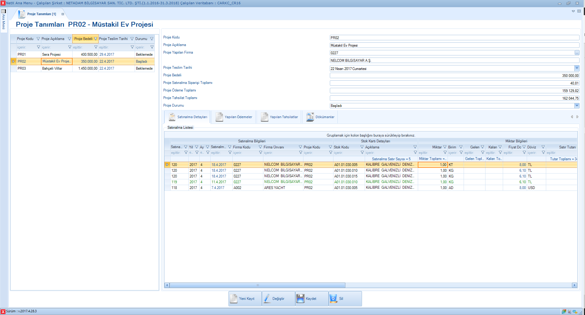 Projeye Ait Satın Almalar